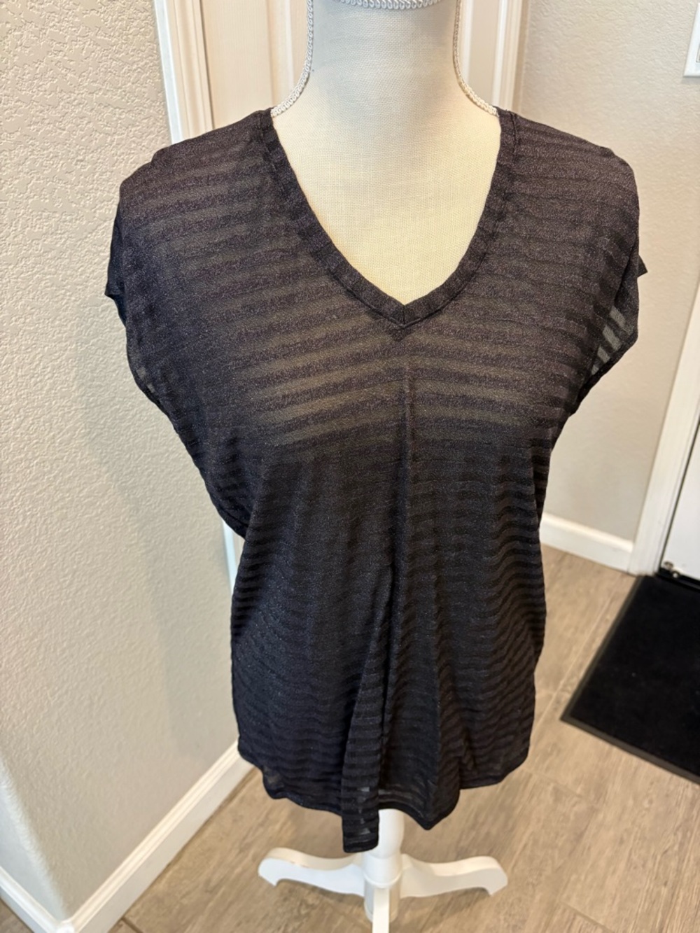 Vince Camuto Black Sheer-Stripe V-Neck Top